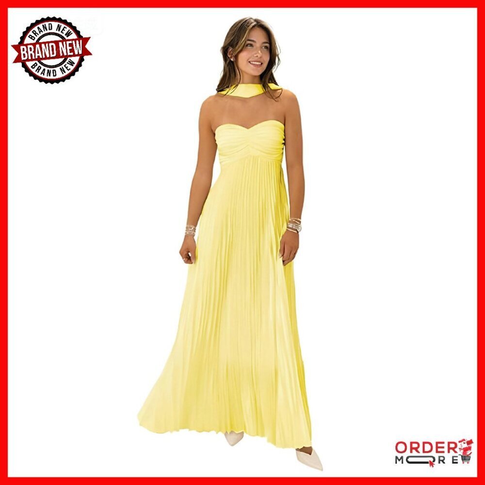 Strapless Satin Formal Gown with Scarf Pleated Maxi Dress